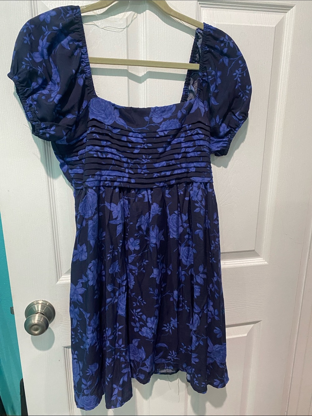 Liberty Love Navy and Royal Blue Floral Puff-Sleeve Dress